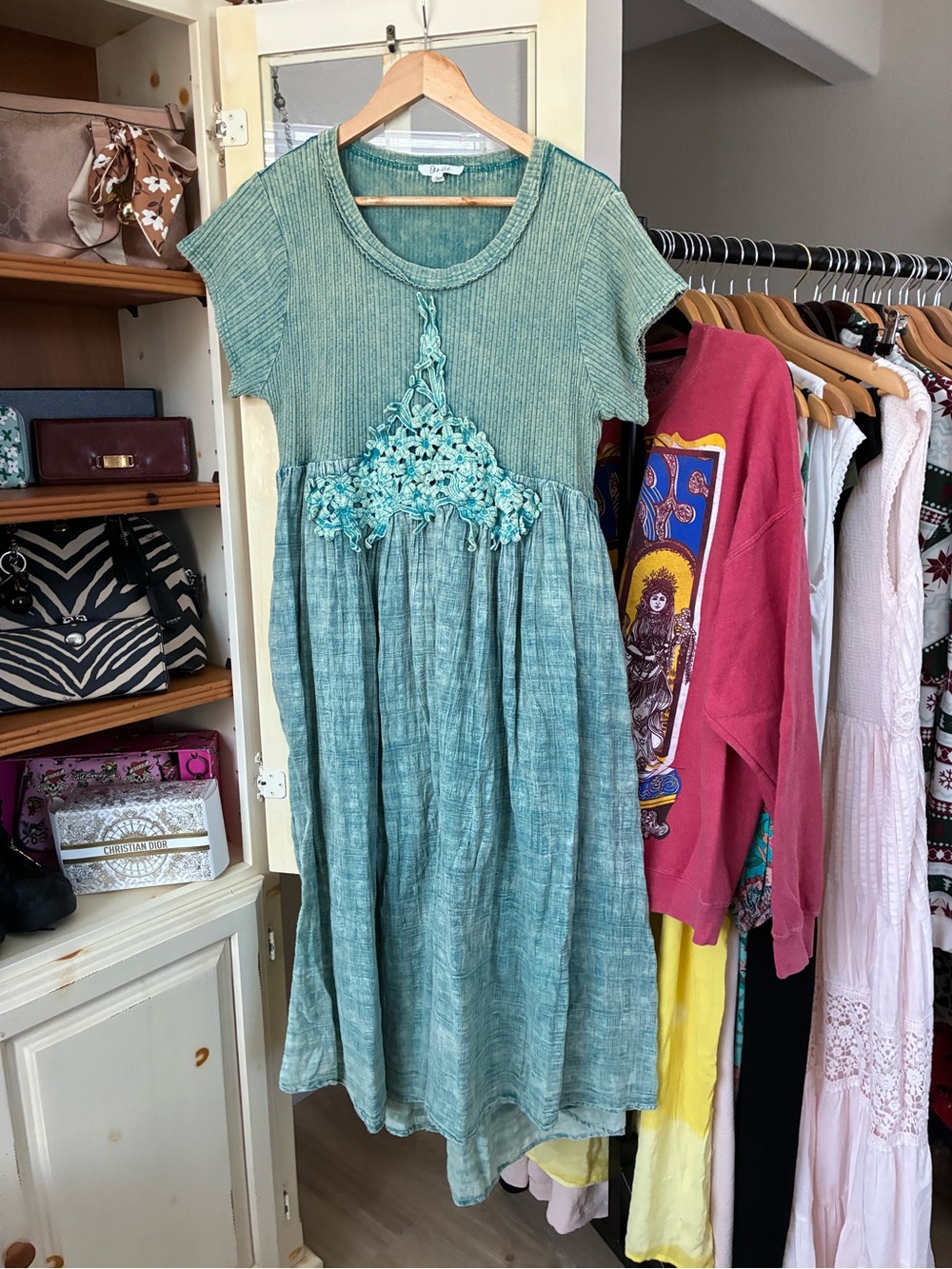 Oli & Hali Teal Ribbed Tiered Dress with Embroidered Appliqué